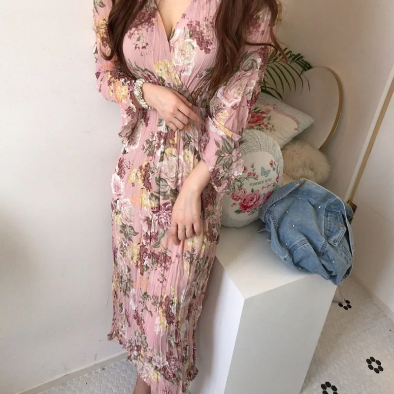

V-neck Floral Printed Women Long Dress Full Sleeve Korean Spring Autumn Vintage Elegant Pleated Dresses Vestidos Mujer 2021