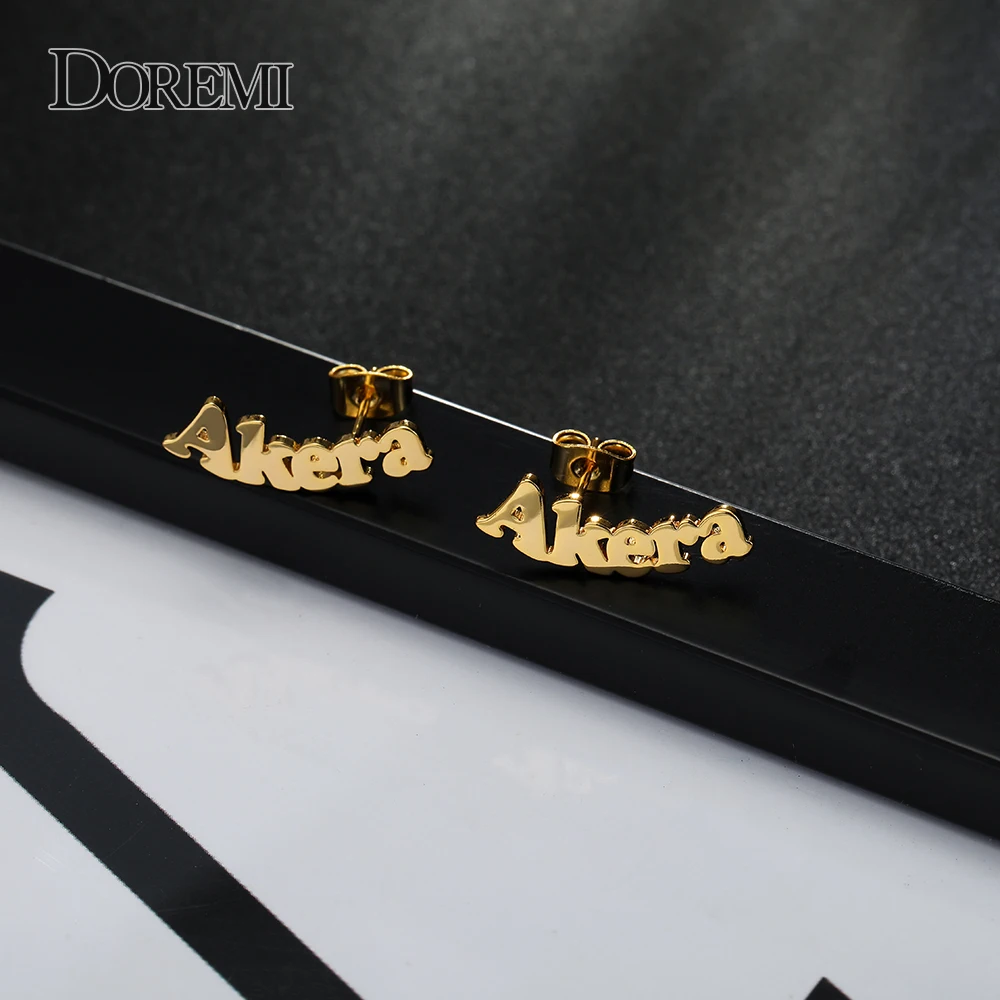 DOREMI Personalized Custom Name Earring Gold Nameplate Stud Earrings  For Women Girls Initial Custom Sateinless Name Ear jewelry