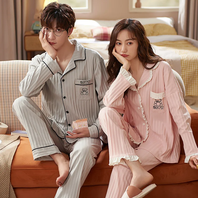 

New couple pajamas women's spring and autumn women's cotton Lapel men's autumn and winter trousers home clothes