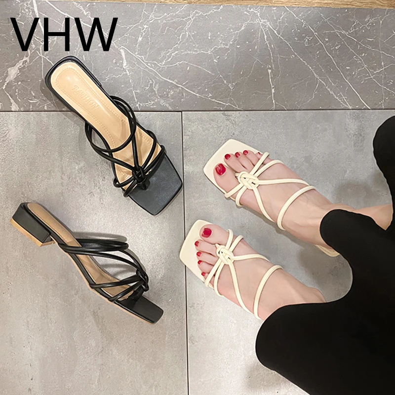 

Women Sandals 2021 Summer Ladies Fashion Open Toe Low Heels Elegant Beige Slippers Cross Narrow Band Female Lightweight Slippers