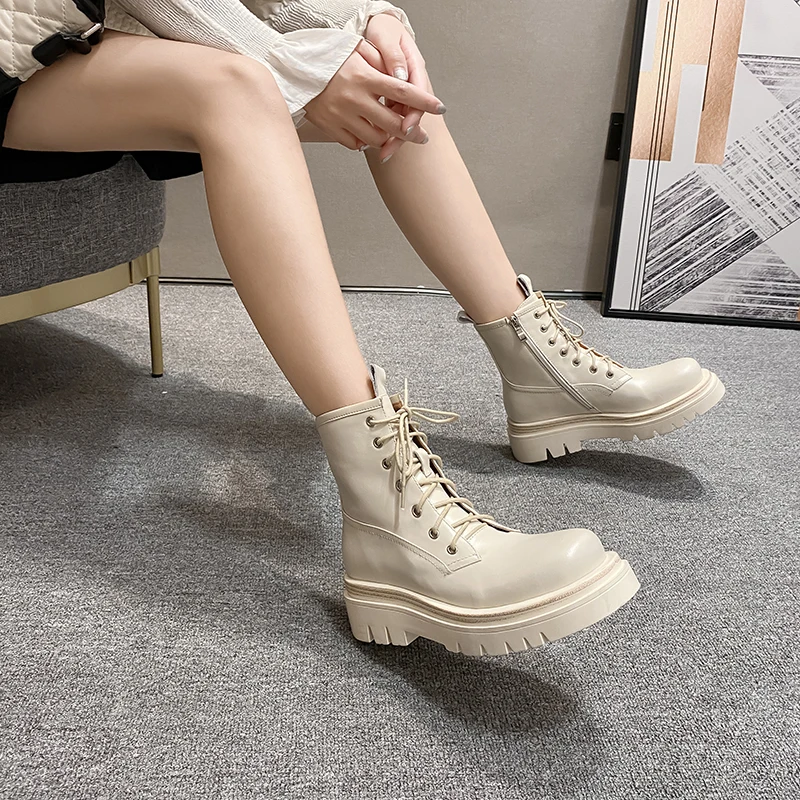 Murah 2020 Gugur Musim Dingin Baru Depan Lace-Up Sepeda Motor Sepatu Kulit Tumit Tebal Wanita Sepatu Fashion Platform Martin Boots X502