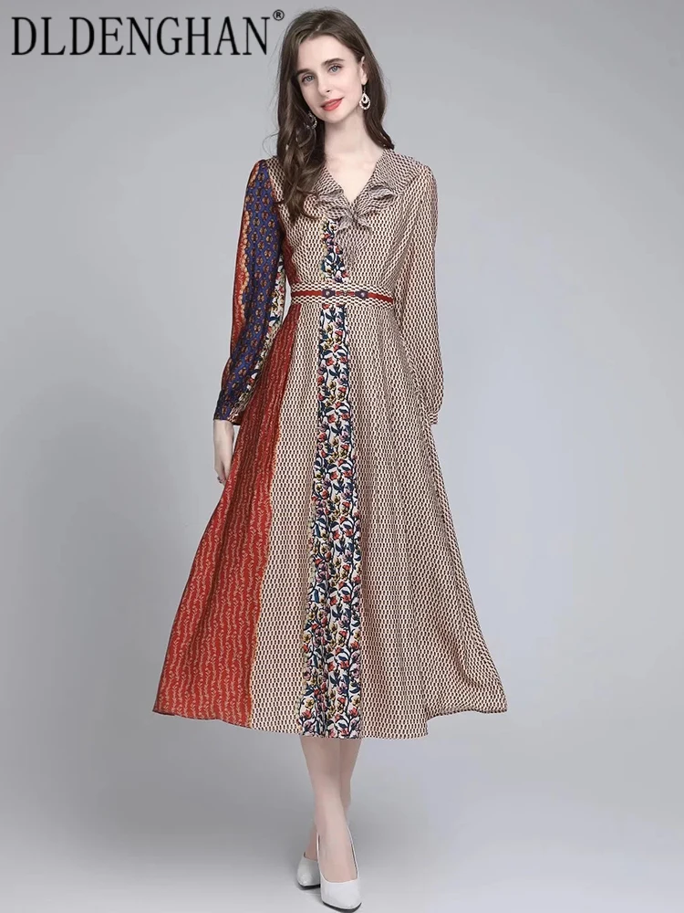 

Модное дизайнерское весеннее платье DLDENGHAN, женские платья миди с оборками, V-образным вырезом, длинными рукавами и цветочным принтом для веч...