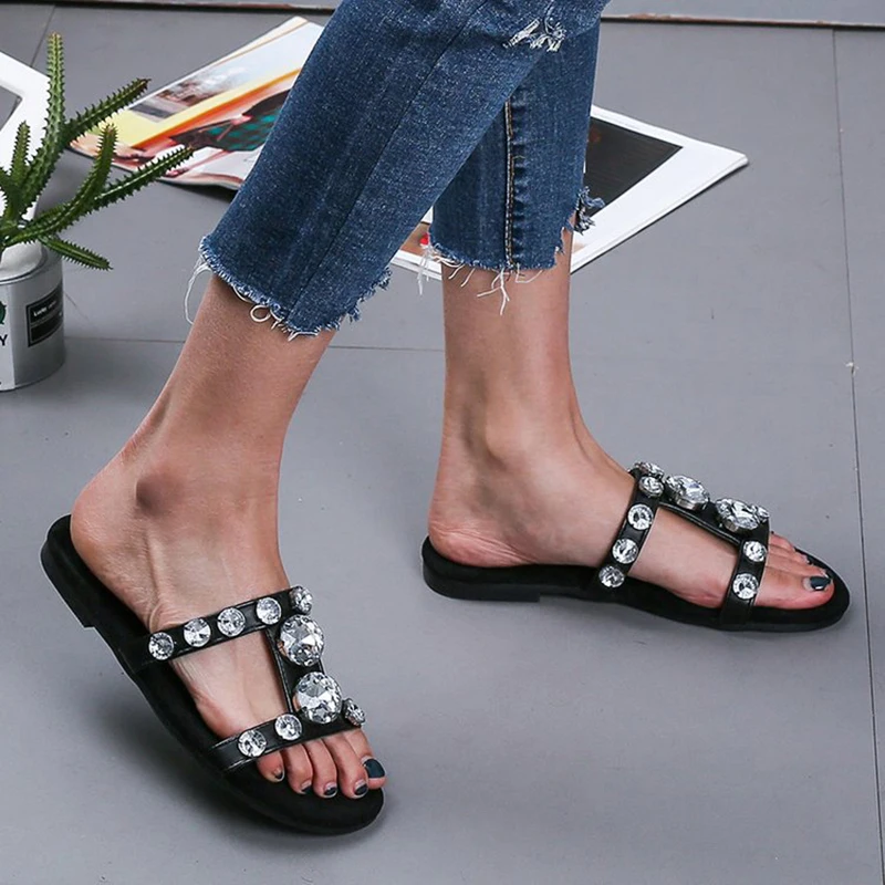 Женские кожаные летние шлепанцы на плоской подошве с открытым носком туфли и