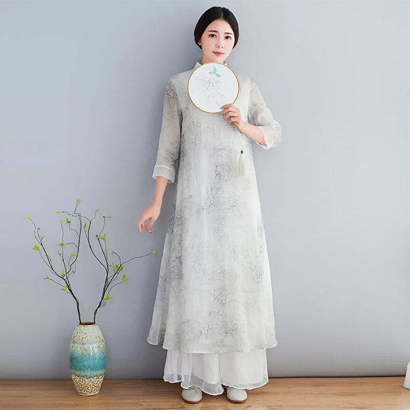 

Spring and Summer New Chinese Style Women's Zen Retro Chiffon Dress