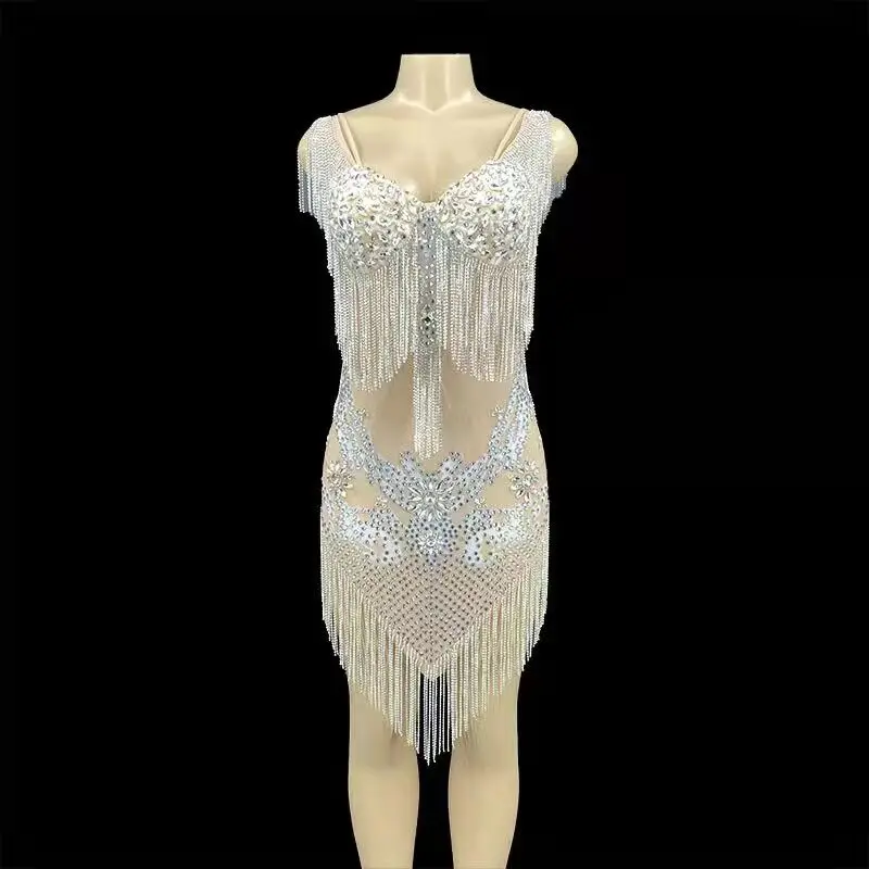

Сексуальное платье стразы телесного цвета с сетчатыми кристаллами, женское сценическое платье для певицы, вечерний праздничный костюм для ...