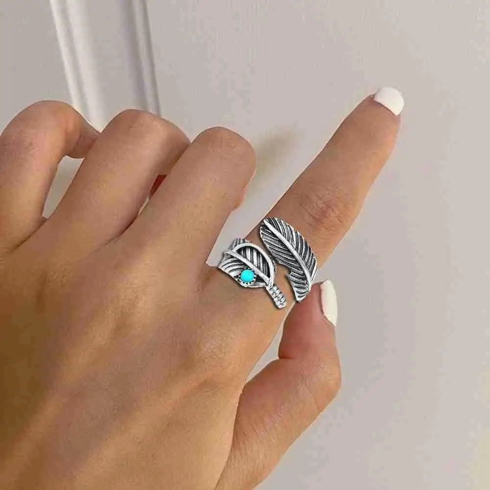 

Retro Silver Color Turquoise Rings For Men And Women Vintage Feather Green Agate Ring Jewelry Adjustable Opening Cocktail R X5s9