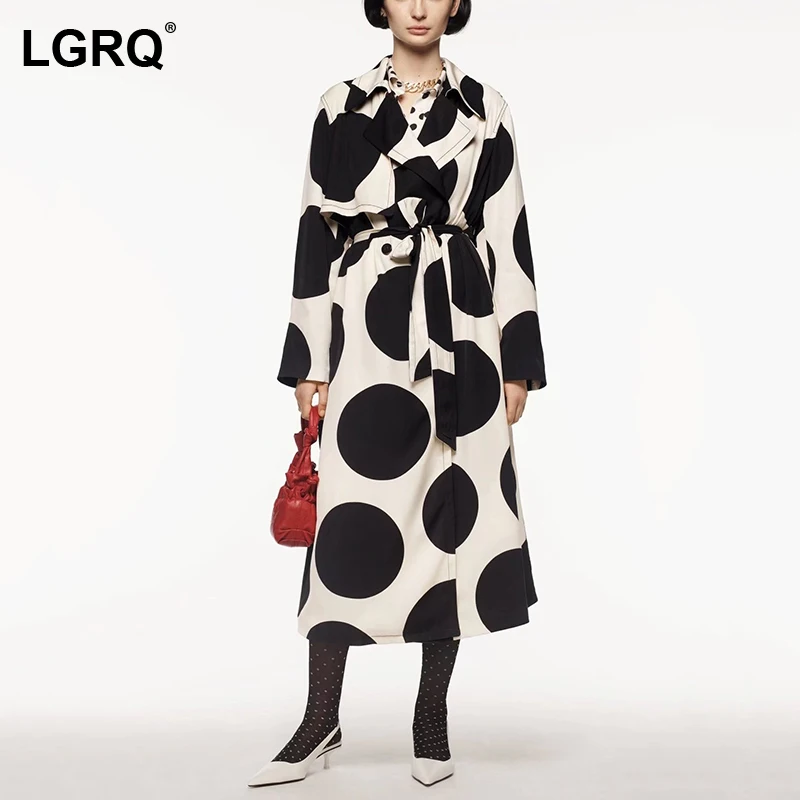 

[LGRQ] Dot Lace Design Women's Trench New Lapel Long Sleeve Loose Windbreaker Trend Fashion Tide Spring Winter 2021 19D4217