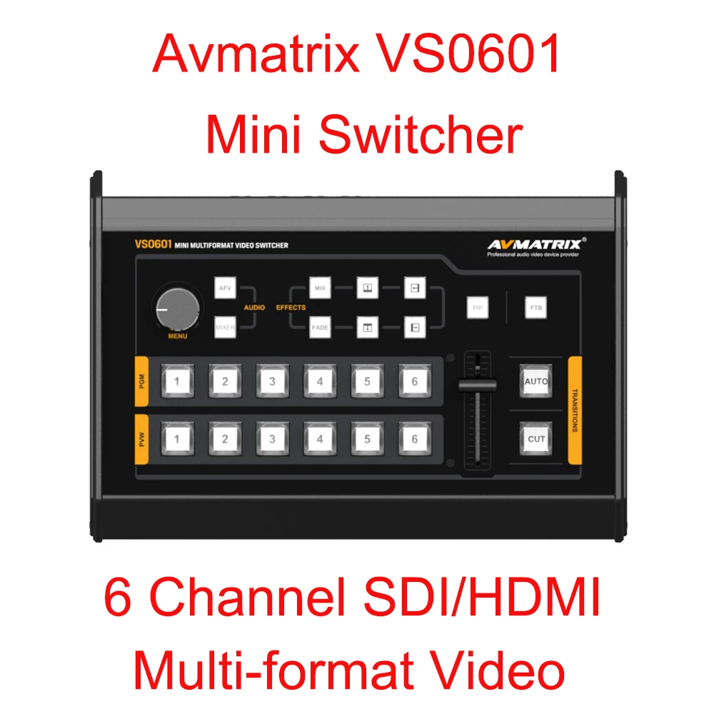 

Avmatrix VS0601 Switcher Mini 6 Channel 4*SDI 2*HDMI inputs Multi-format Video with T-Bar AUTO CUT transitions WIPE effects