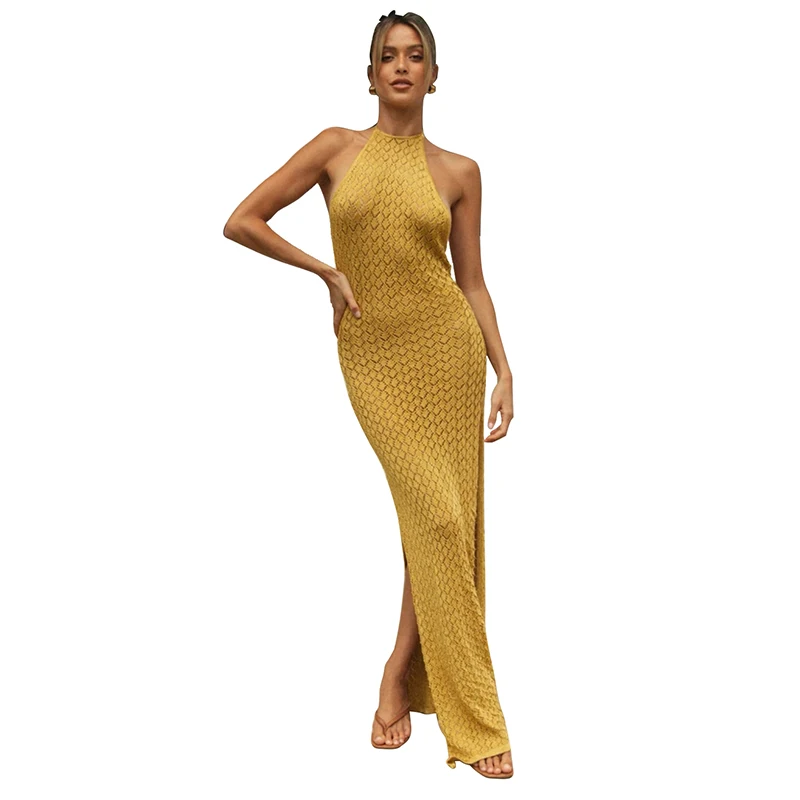 

Sexy Backless Split Long Dress Halter Solid Sleeveless Hollow Out Dresses Women 21 Summer Yellow Blue Fashion Feminina CX1564