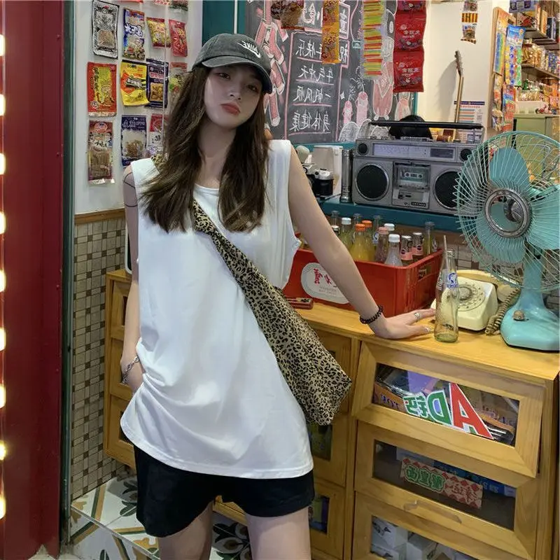 

White Women's Sleeveless T-shirt Summer Outerwear Split Retro Loose Long Sports Running Basketball Vest Solid Color Basic Top