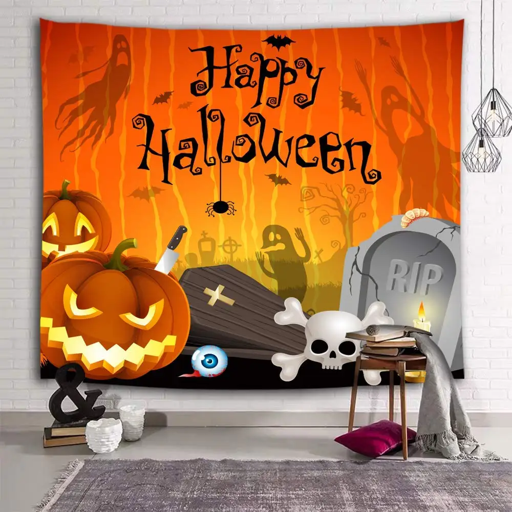 Настенный оранжевый гобелен на Хэллоуин с тыквой надгробием черепом для