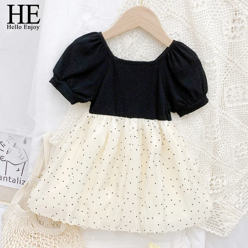 

HE Hello Enjoy/милые платья принцессы для девочек; Новинка 2022 года; Летняя детская одежда с милым бантом; Лоскутные кружевные костюмы в горошек
