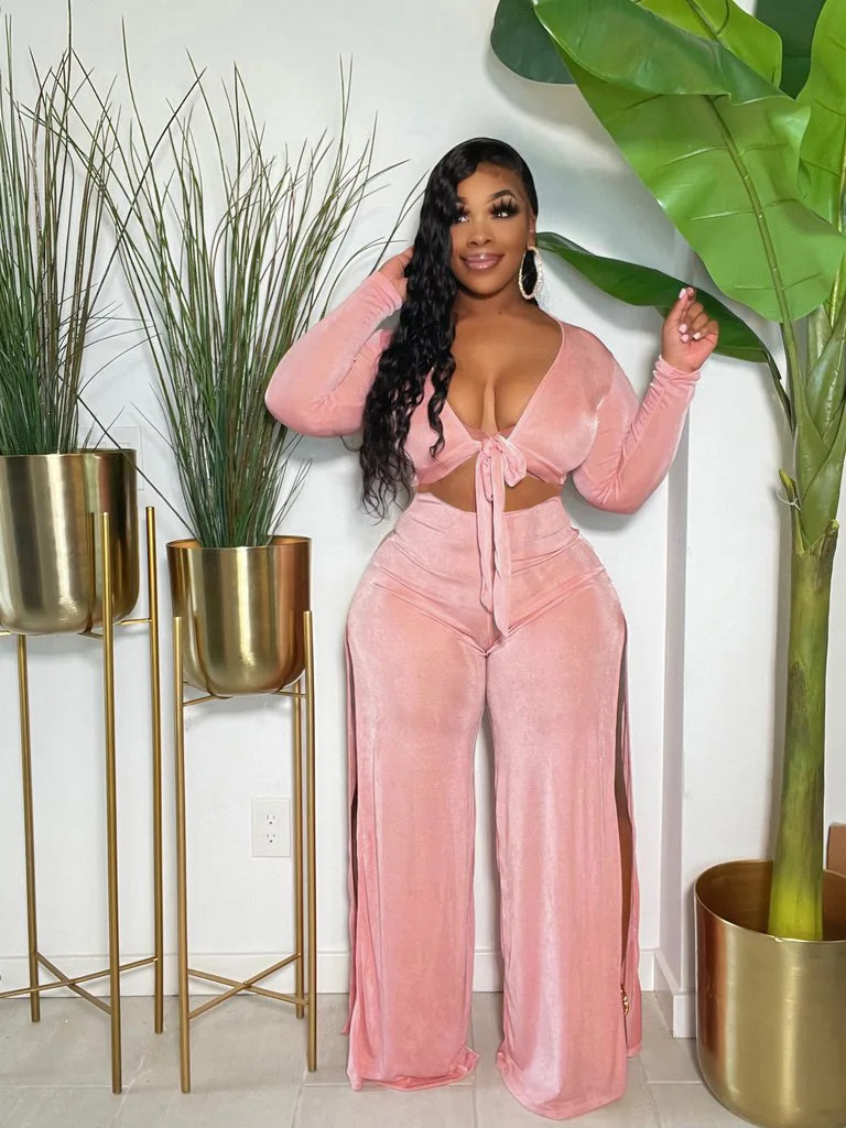 

Elegant Solid Velvet Tracksuit Women Sexy V Neck Lace Up Long Sleeve Crop Top + Slit Wide Leg Pants Two Piece Set Outfits Suits