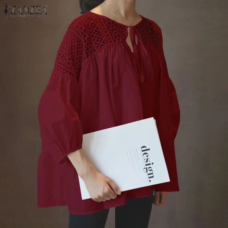 

ZANZEA Women Fashion Lace Hollow Out Blusas Summer Retro Round Neck Short Sleeves Tops Female Casual Solid Shirts Oversized 5XL