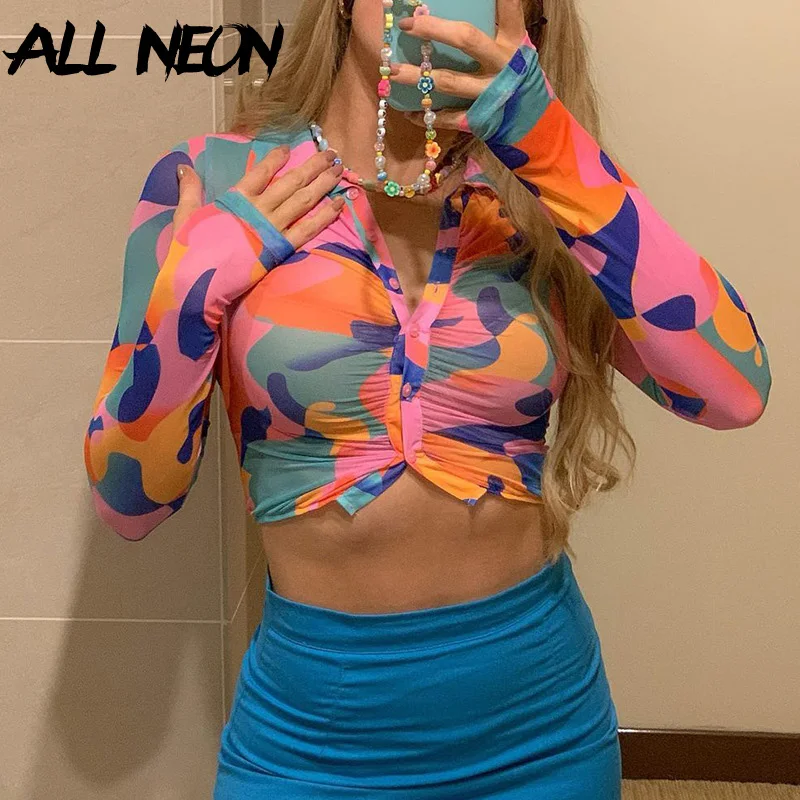 

ALLNeon Harajuku Fashion Y2K Ripple Print Ruched Crop Tops Indie Vintage Streetwear Long Sleeve Rave T-shirts Single-breasted