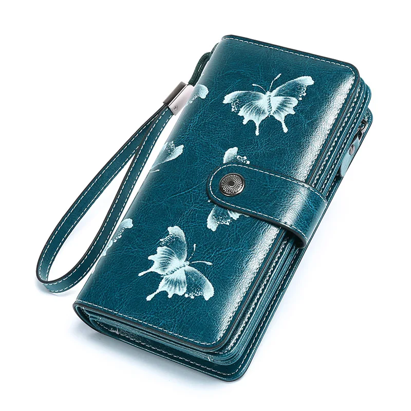 

Женский Длинный кошелек с Rfid-защитой, вместительный, с несколькими отделениями для карт, Кожаный клатч, кошелек с узором в виде бабочек