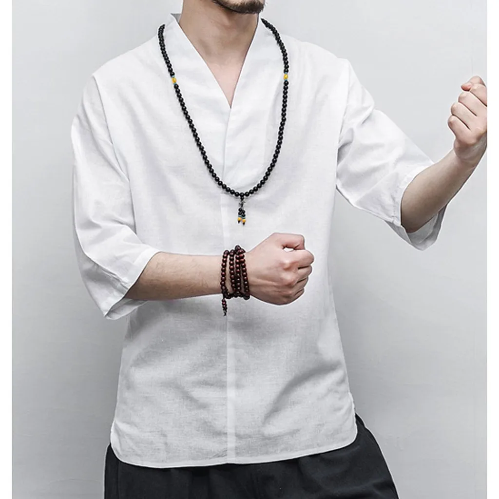 Men Shirt Vintage Ancient Chinese Male Blouse Kung Fu Style Cotton Linen 3/4 Sleeve V Neck Loose Leisure Solid Tops | Мужская одежда