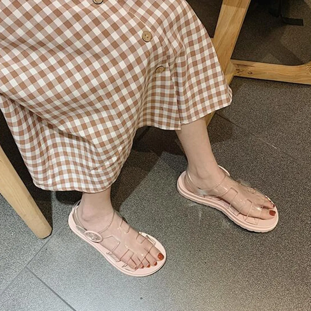 

Women Leisure Sandals Transparent Fashion Casual Student Beach Shoes Flat Bottom Jelly Black Pink Beige