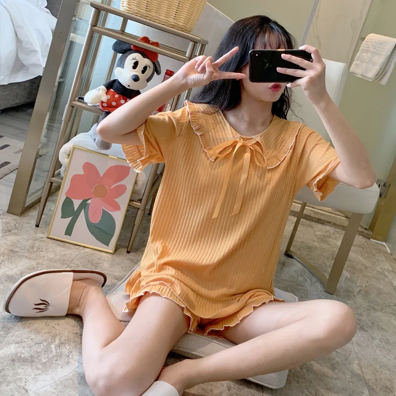 Summer Women's Pajamas Sets Cotton Sweet Pure Color Short Sleeve Shorts Comfortable Female Sleepwear Home Clothes Thin Nightwear