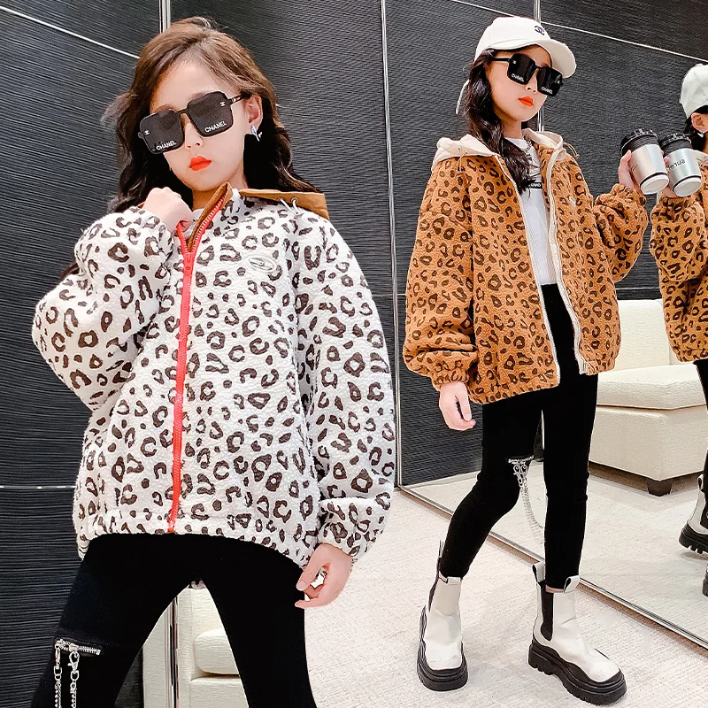 

4-13Years Children Fleece Coat Baby Hooded Thicken Warm Jacket Girls Fashion Leopard Print Overcoat Winter Kids Casual Outerwear
