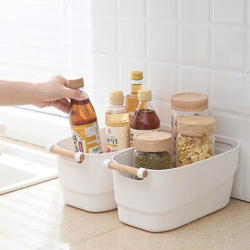 

Plastic Storage Basket with Wooden Handle Cosmetic Box Organizer Closet Decor 634E