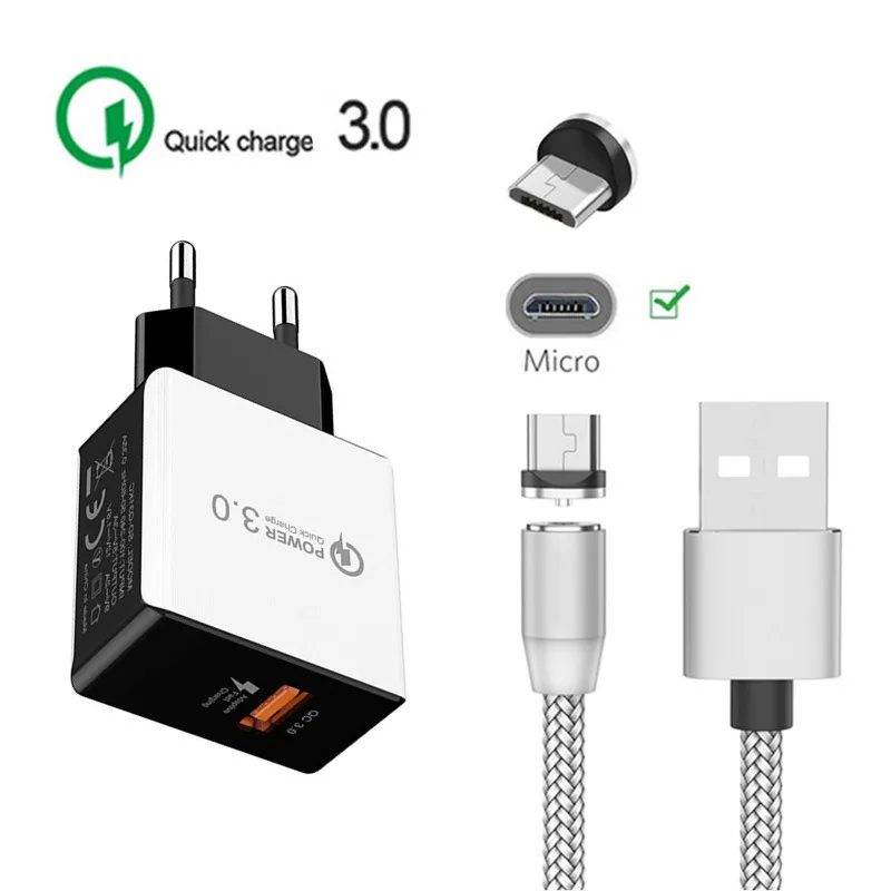 Быстрое зарядное устройство QC 3 0 адаптер Магнитный кабель Micro USB для Samsung J4 J5 J7 A10