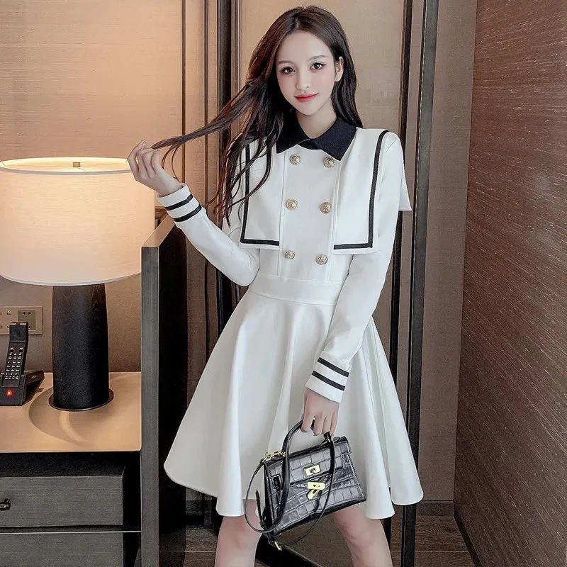 

Navy Style Dress Female 2021 Spring Autumn New Waist Temperament Contrast College Style Long-Sleeved Skirt Splicing Buttons D33