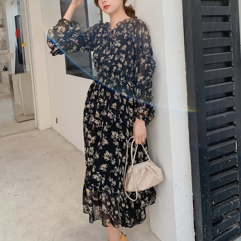 

Irregular Ruffles Long Chiffon Vintage Print Dress floral print Pattern Dress summer boho dress women vintage dresses Spring
