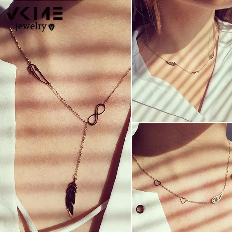 

VKME Classic Wings Heart Stitching Chain Necklace For Women Girl Long Feather Pendant Necklaces Fashion Jewelry