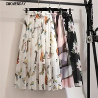 women chiffon floral pleated midi skirt spring summer korean style high waist bandage skirts elegant black white school skirt