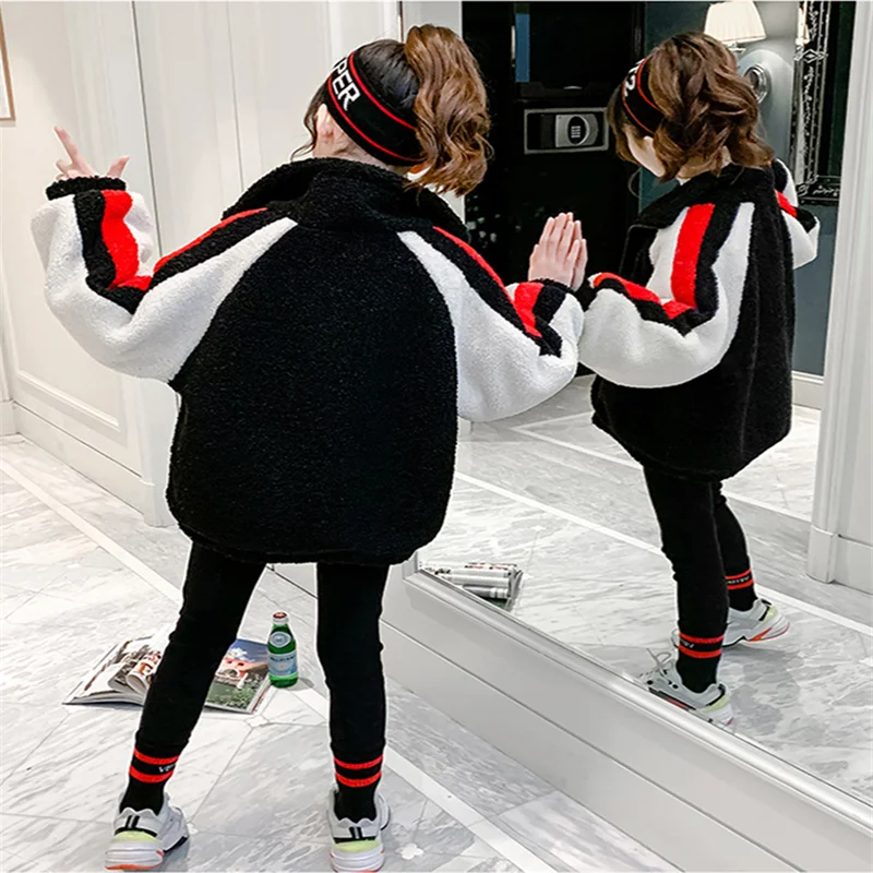 

Girl Spring Winter Jacket Toddler Child Warm Letter Coat Fur Outwear Thicken Teenage Clothes High Quality Lamb Wool Fashion