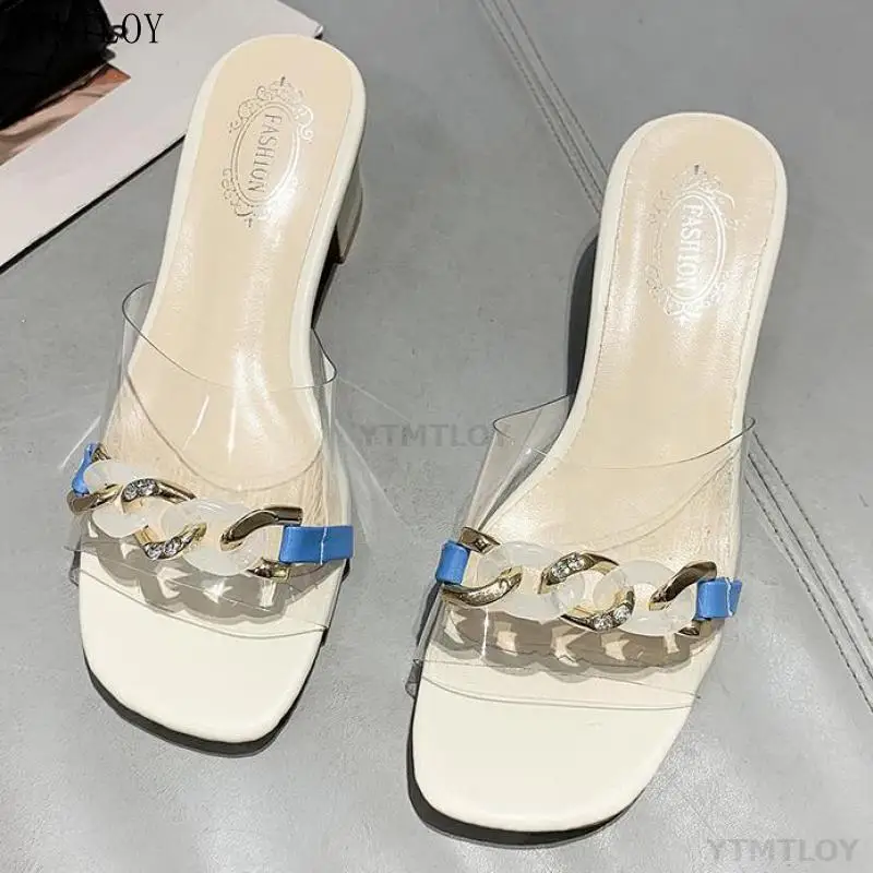 

Шлепанцы женские резиновые, роскошные сланцы, Прозрачный квадратный каблук, дизайнерская мягкая обувь