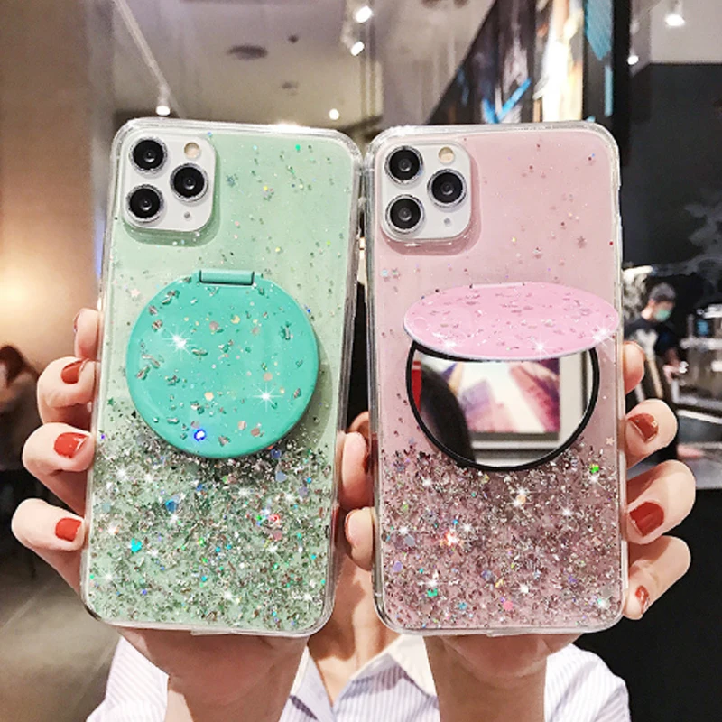 

Bling Glitter Silver Foil Phone Holder Case For Huawei P50 P40 P30 Mate 40 20 30 10 X lite Pro Plus Silicone Cover
