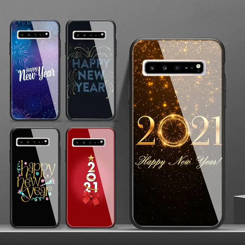 

2021 Happy New Year Glass Phone Case for Samsung Galaxy S20 Ultra S10 S9 S8 S7 Plus Edge S10 E lite Note 8 9 10 Pro Cover