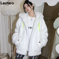 lautaro winter white oversized warm soft faux fur coat women long sleeve zipper fluffy jacket loose casual furry sweatshirt 2021