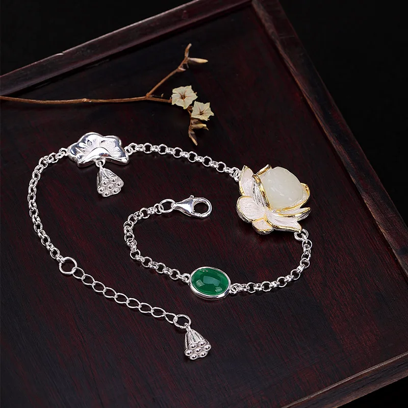 

Classic 100% 925 Sterling Silver Wedding Anniversary Bracelet for Women Birthday Gifts Retro Natural Jade Jasper Bracelets