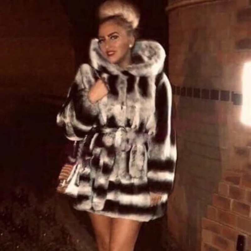 Women Fashion Natural Rex Rabbit Fur Coat with Hood Thick Warm Winter Fashion Woman Genuine Rex Rabbit Fur Coats Medium Length