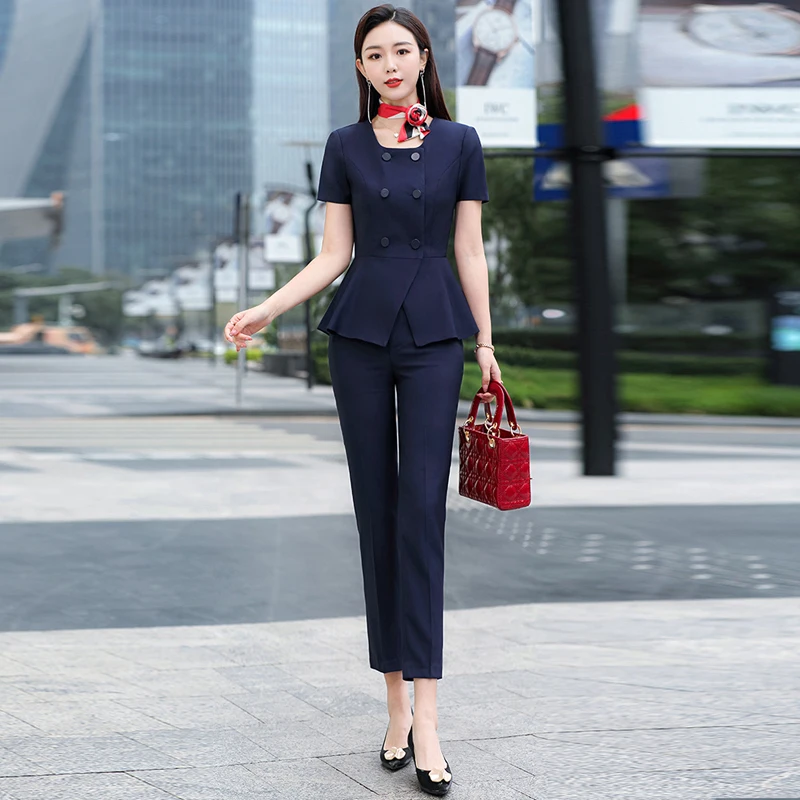 Formal OL Style Pantsuits for Women Business Work Wear with Scarf Summer Short Sleeve Ladies Office Professional Blazers Set | Женская