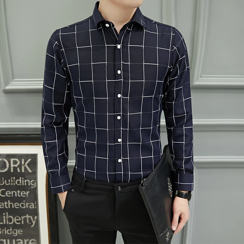 

2021 men's four seasons pop check shirt men's long sleeve Korean business casual shirt handsome inch shirt fashion