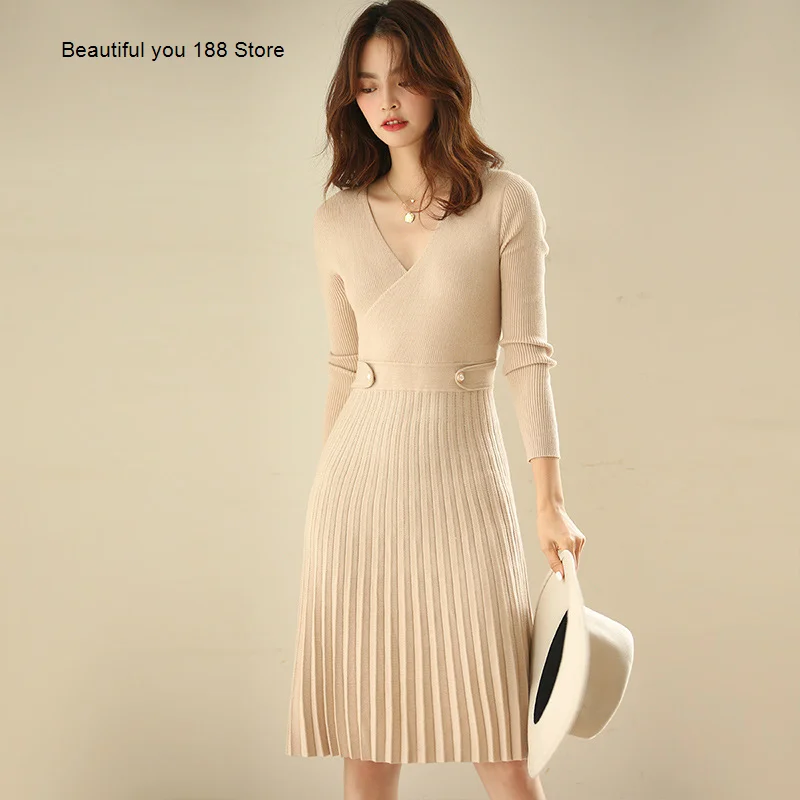 

women's dress French knitted 2020 Autumn Mid-length over-knee high waist pleated skirt V-neck long sleeve base skirt