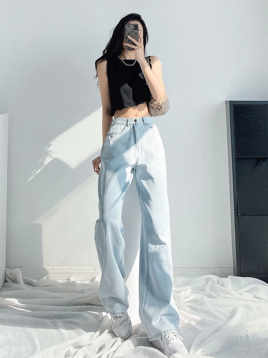 

Simple Straight Wide Leg Mom Jeans for Women 2021 Spring/Summer Thin High Waist Denim Pants Femme Loose Slim Casual Long Trouser