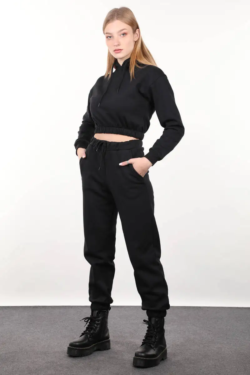 

Black Hooded Crop Women Sweatshirt