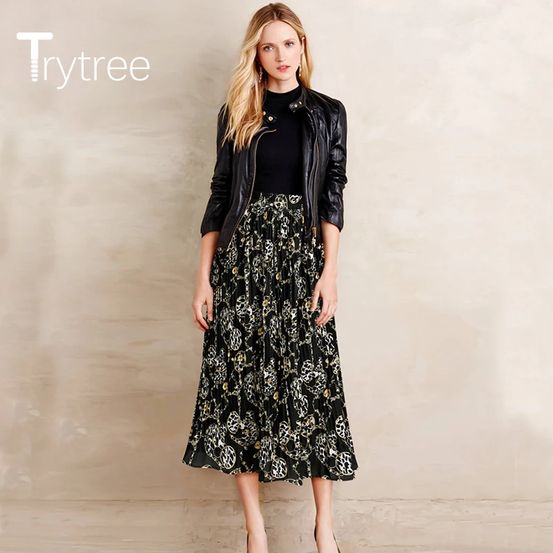 

Trytree 2020 Summer Woman Casual Skirt Print Fashion Pleated A-line Fashion Chiffon Vintage Elegant Temperament Mid-Calf Skirt