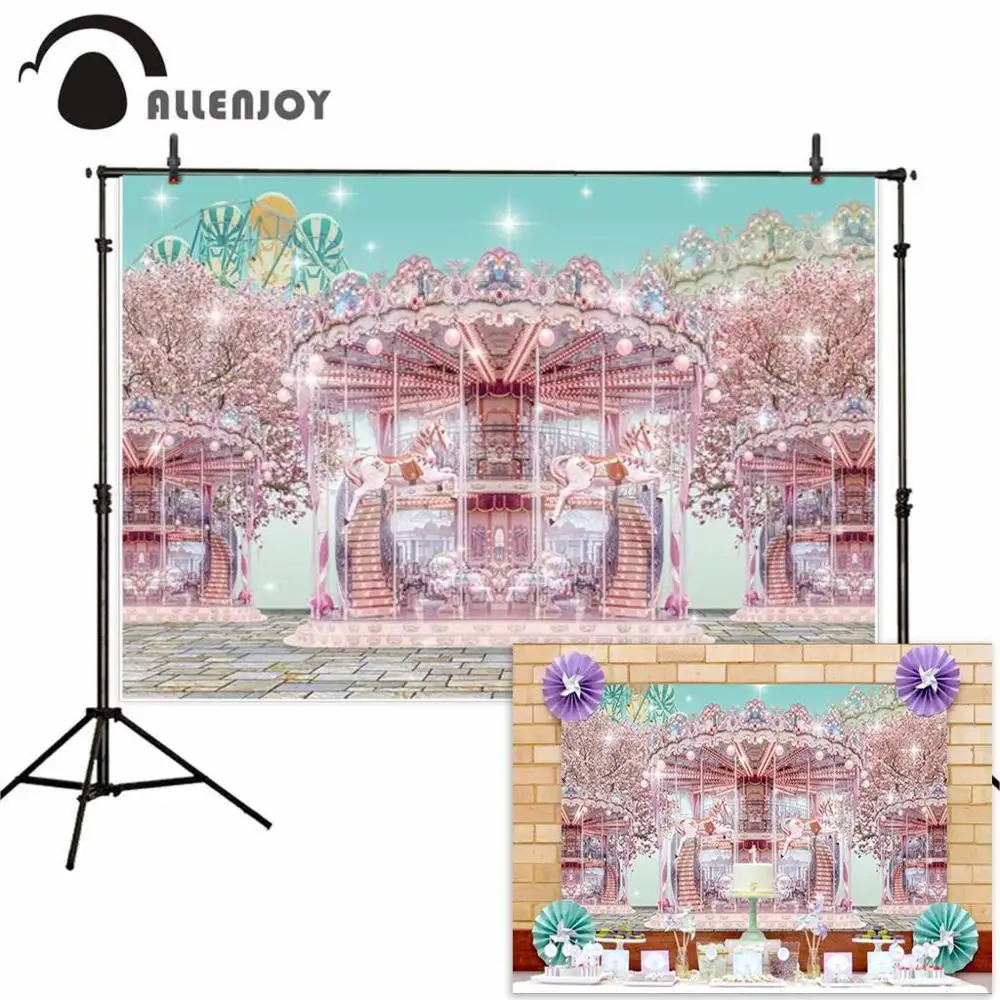 

Allenjoy Backdrop for Photography Fairy Tale Carousel Ferris Wheel Cherry Glitter Photo Background Children Birthday Cake Smash