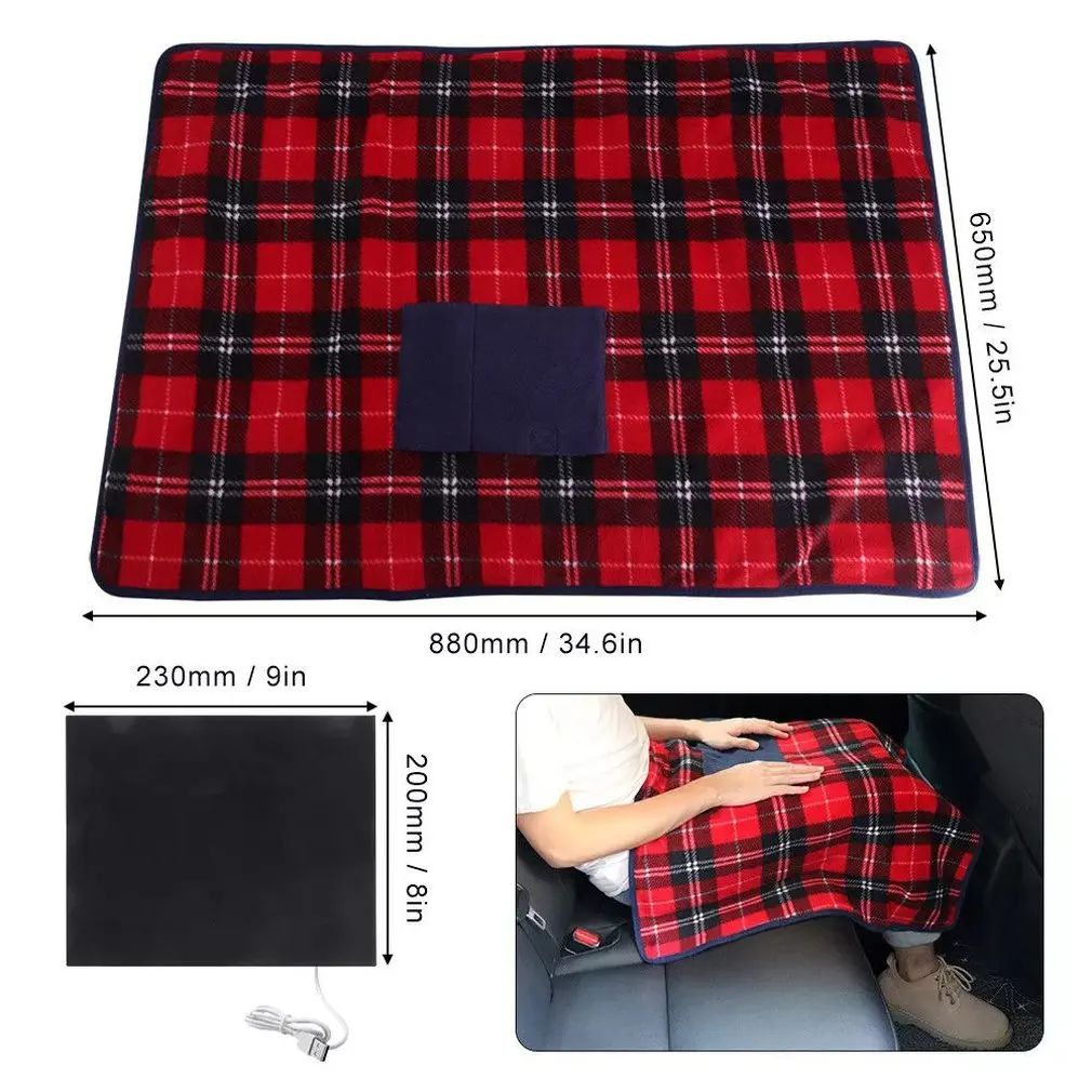 

Portable Usb Multifunctional Electric Heating Blanket Red Lattice Car Office Mat Pad Heater Polyester Fabric