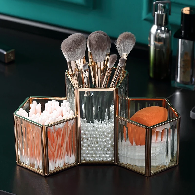 

Luxury Golden Cosmetic Storage Box Desktop Lipstick Glass Jewelry Storage Makeup Brush Organizer
