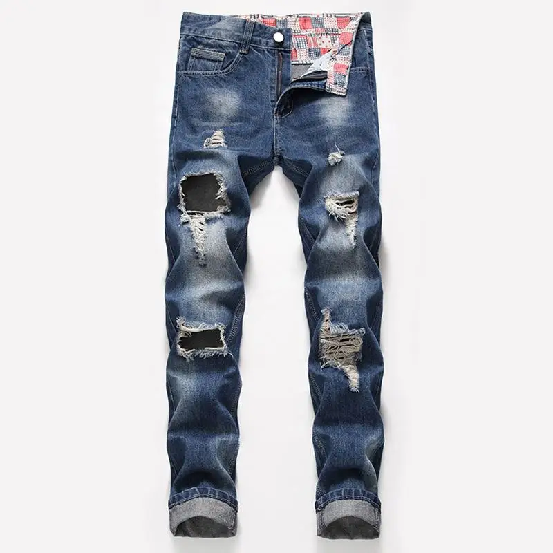

Men's Fashion Casual Jeans Vintage Denim Long Pants Motorcycle Zipper Wrinkle Multi-pocket Trousers