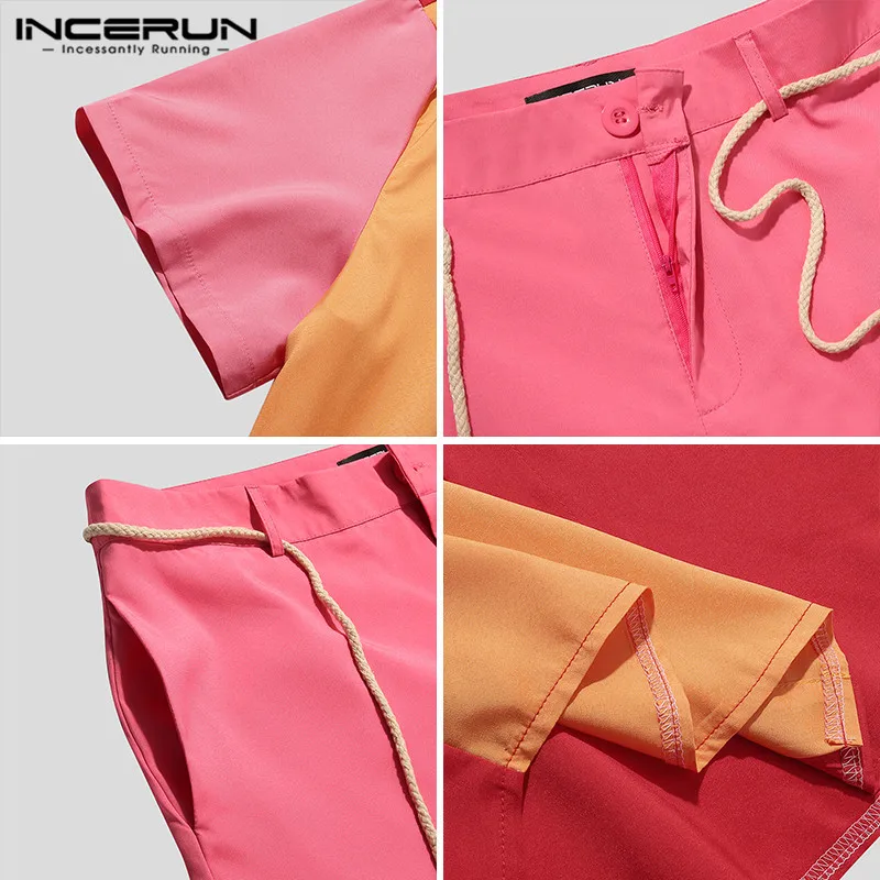 

Summer Men Sets Patchwork Breathable Lapel Short Sleeve Shirt Beach Shorts Streetwear Casual Men Hawaiian Suit 2 Pieces INCERUN