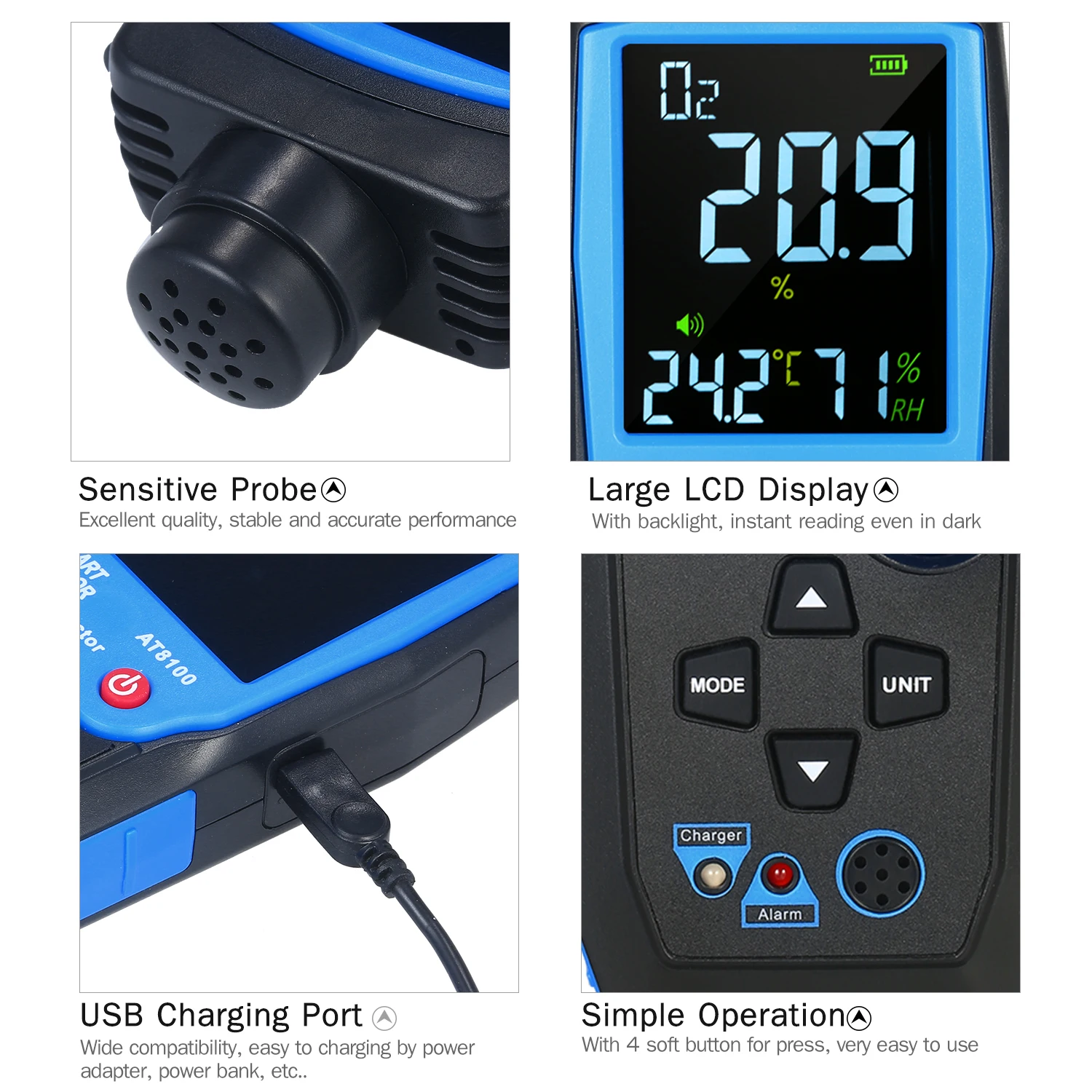 

USB Rechargeable Digital Oxygen Detector Automotive O2 Sensor Tester Monitor LCD Display Adjustable Alarm Auto Off Oxygen Meter