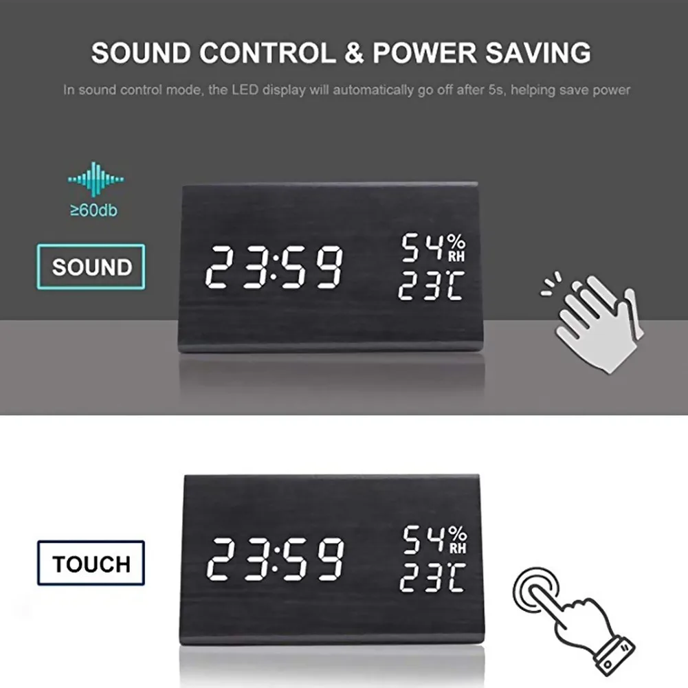 

Saat Creative Digital Clock Wooden Electronic LED Time Display Temperature and Humidity Detect Clock For Bedroom Alarm Clock